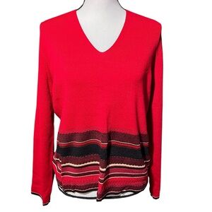 Emma James Red, Black, and Gold Striped V-Neck Sweater, size XL